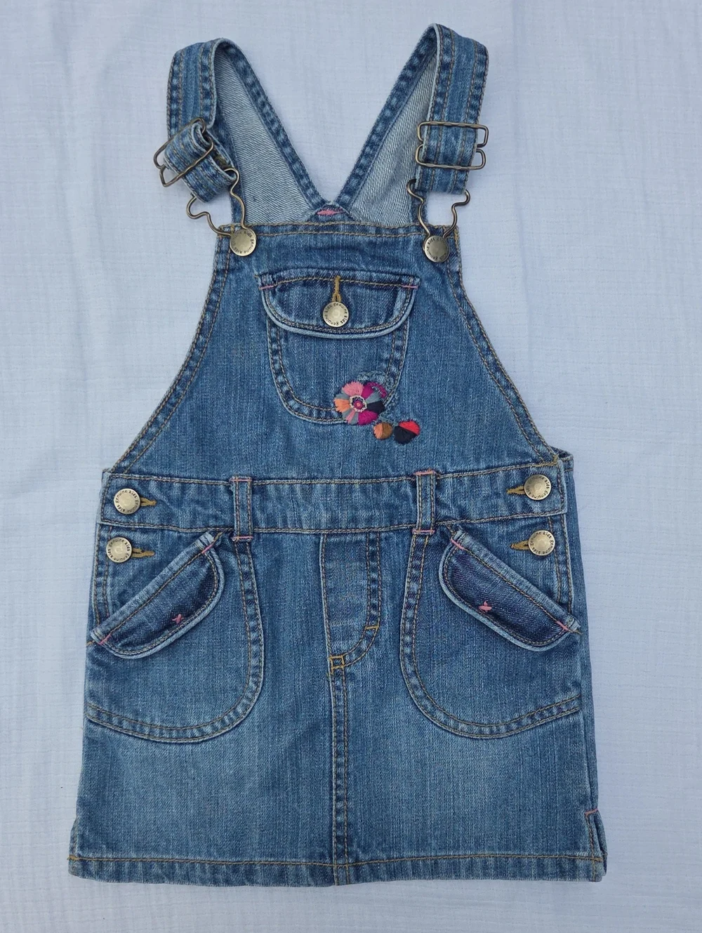 OshKosh B'gosh Blue Denim Overall Dress with Floral Accent (24 Mo)